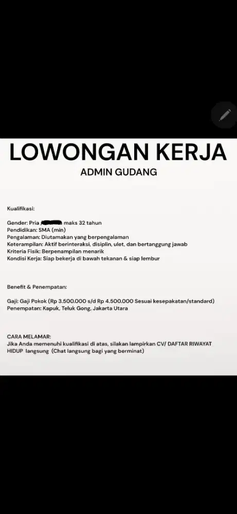 LOWONGAN KERJA ADMIN GUDANG