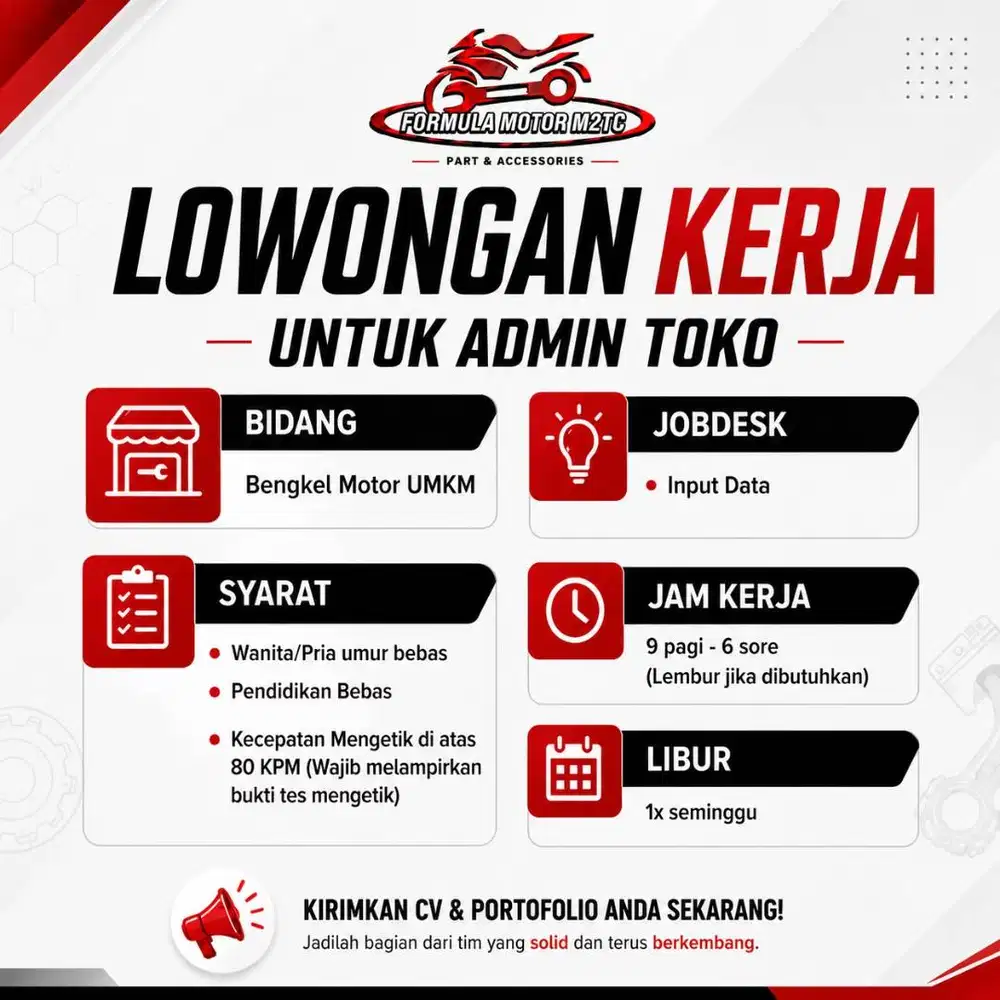 Dibutuhkan Lowongan Admin Toko untuk Bidang Bengkel Mobil/Motor