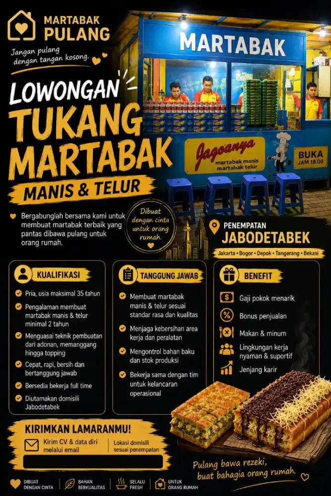 DICARI TUKANG MARTABAK MANIS & TELUR BERPENGALAMAN | GAJI + BONUS