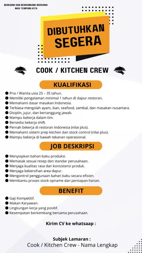Butuh Segera Untuk Tim Resto
