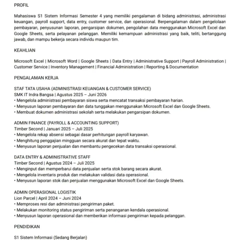 Mencari Pekerjaan Admin / Staff Administrasi / Admin Finance