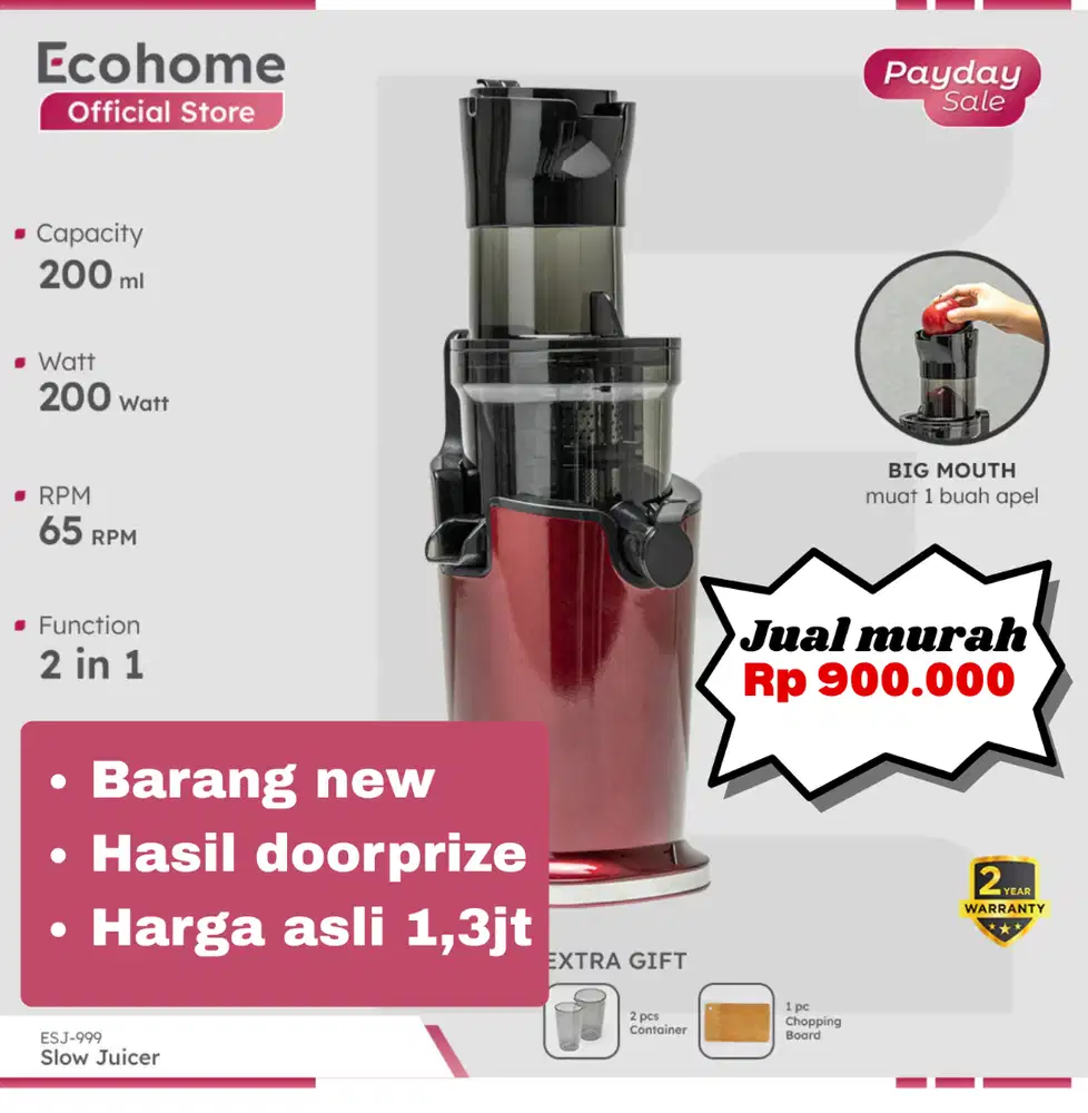 Slow Juicer ESJ999 2 in 1 Function ECOHOME Pengekstrak Buah TanpaAmpas