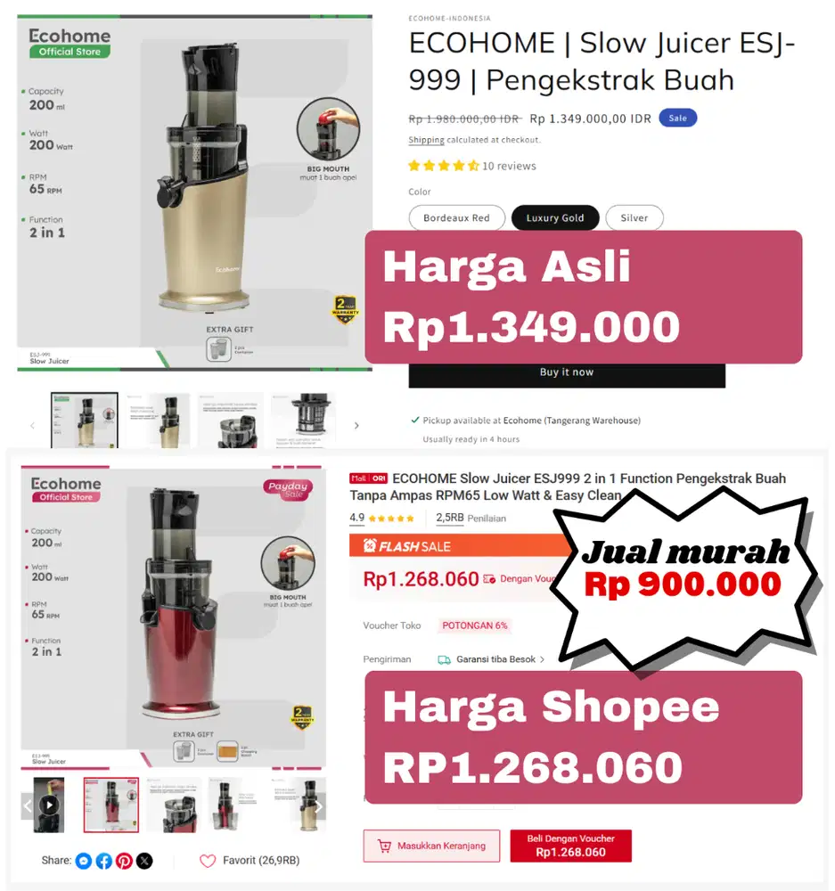 Slow Juicer ESJ999 2 in 1 Function ECOHOME Pengekstrak Buah TanpaAmpas
