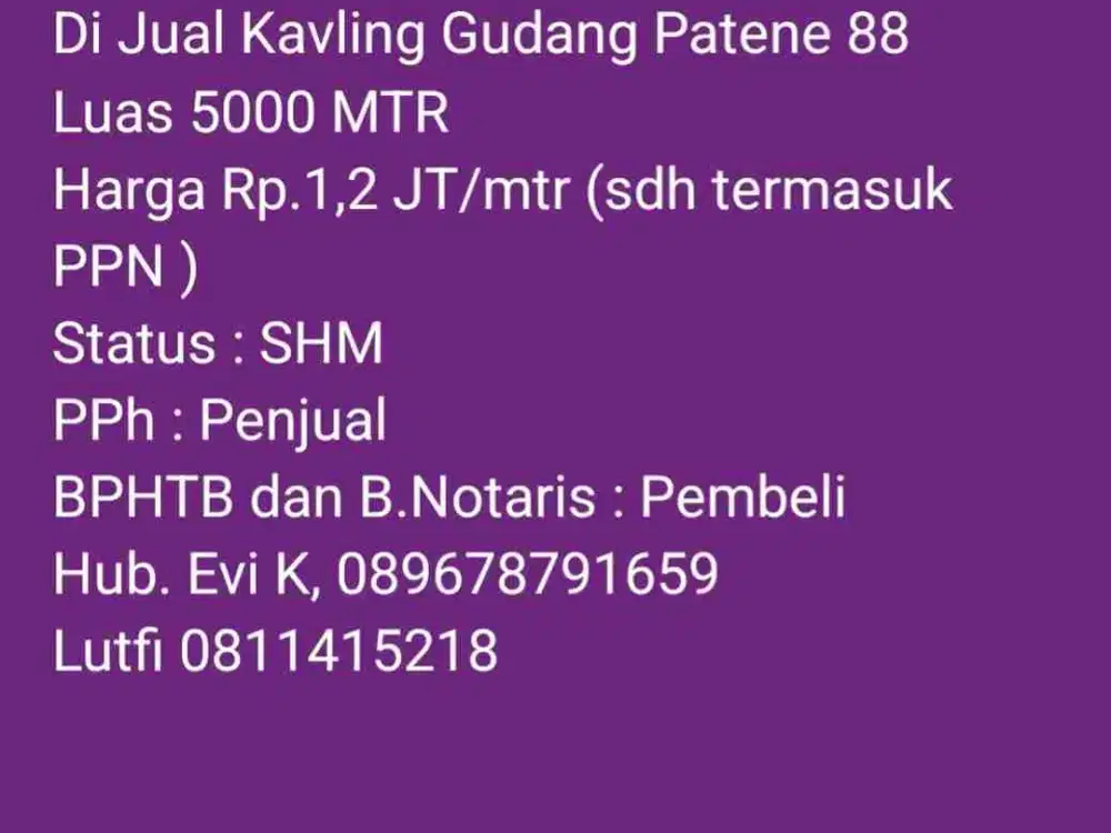 Di Jual Kavling Gudang Patene 88 Luas 5000 meter