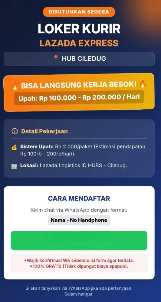 Dicari Kurir Lazada Express HUB Ciledug langsung Kerja, Upah Perhari.