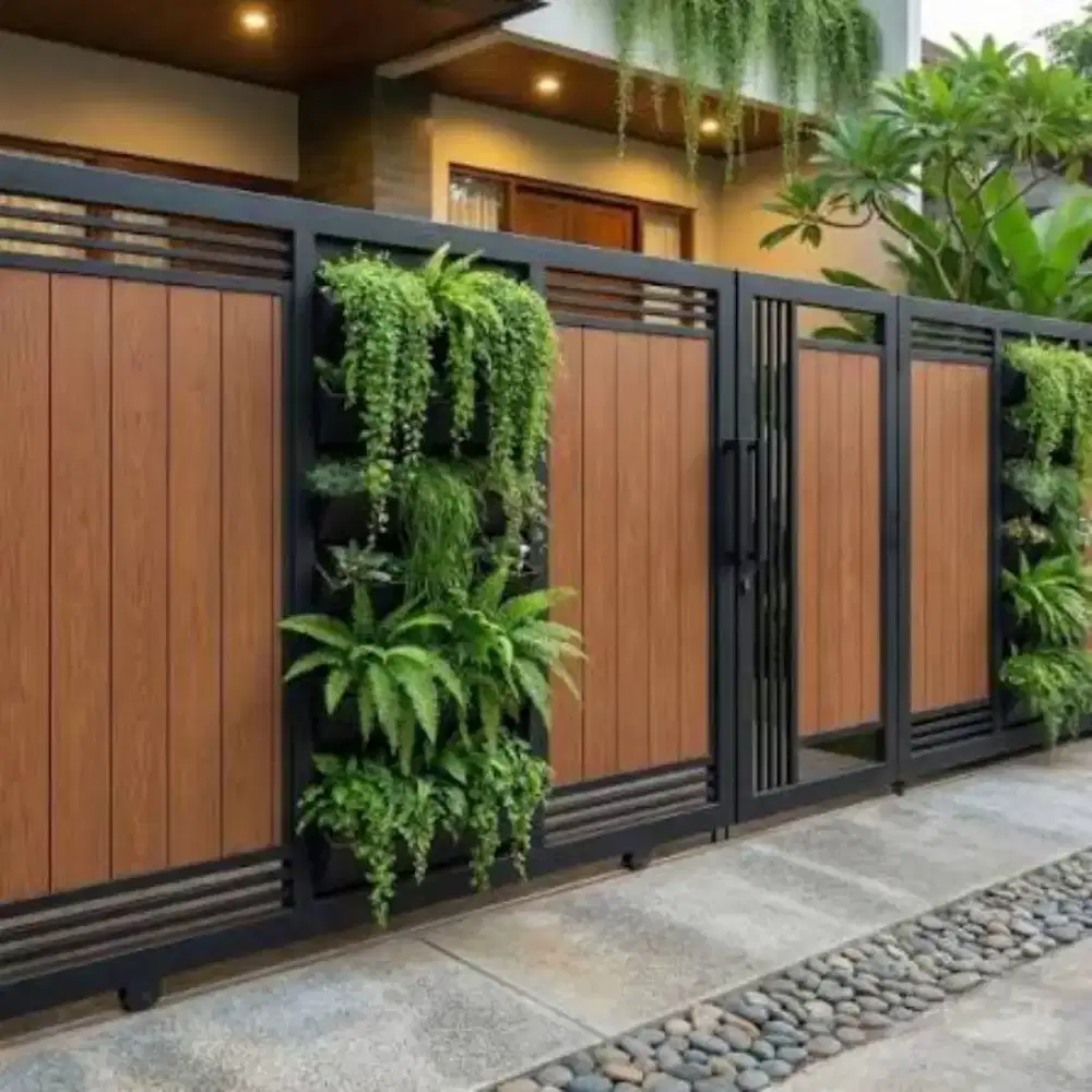 Pagar besi kombinasi grc motif serat kayu