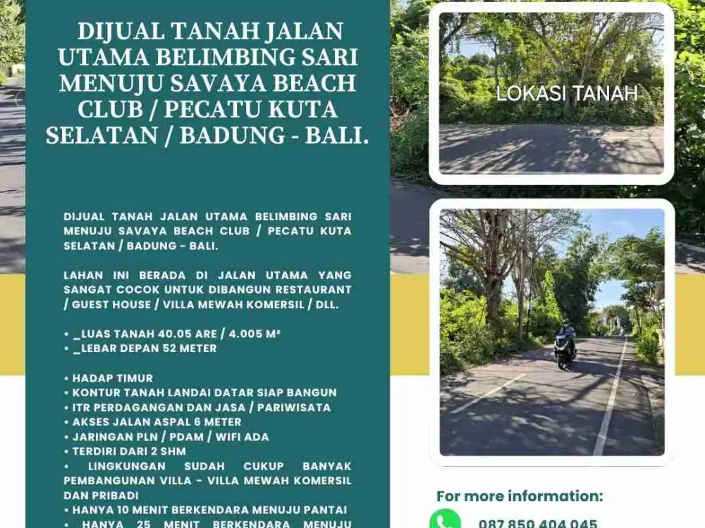 Dijual tanah Jalan utama belimbing sari menuju SAVAYA BEACH CLUB / Pecatu kuta selatan / Badung - Bali.