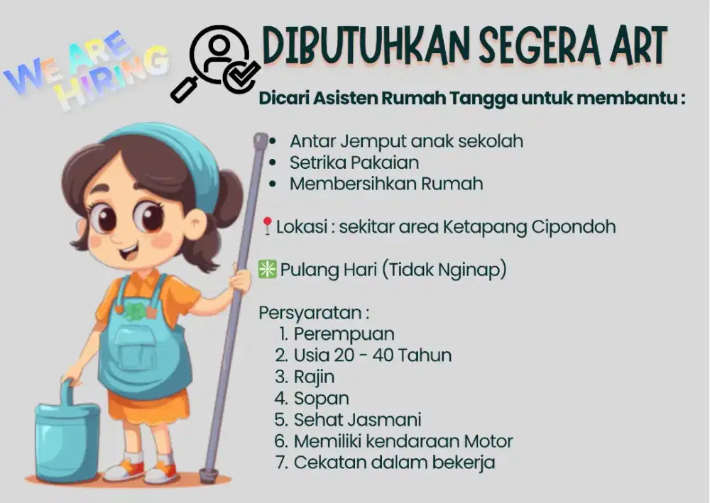 DIBUTUHKAN ART YG NIAT BEKERJA
