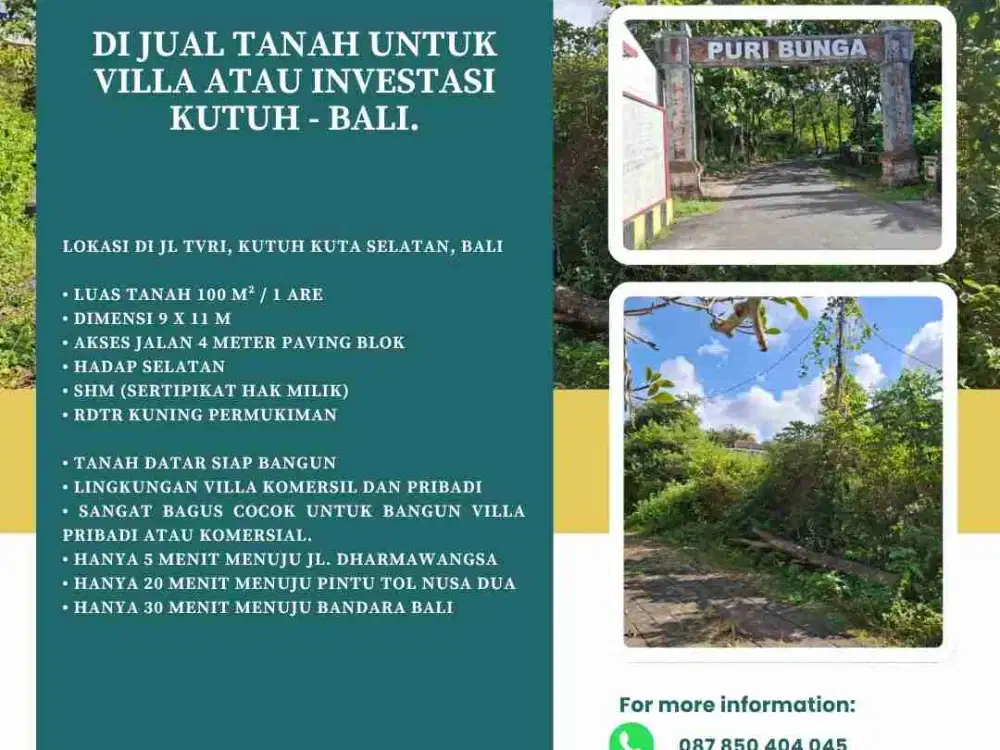 TANAH FOR SALE UNTUK VILLA ATAU INVESTASI  Kutuh - Bali.