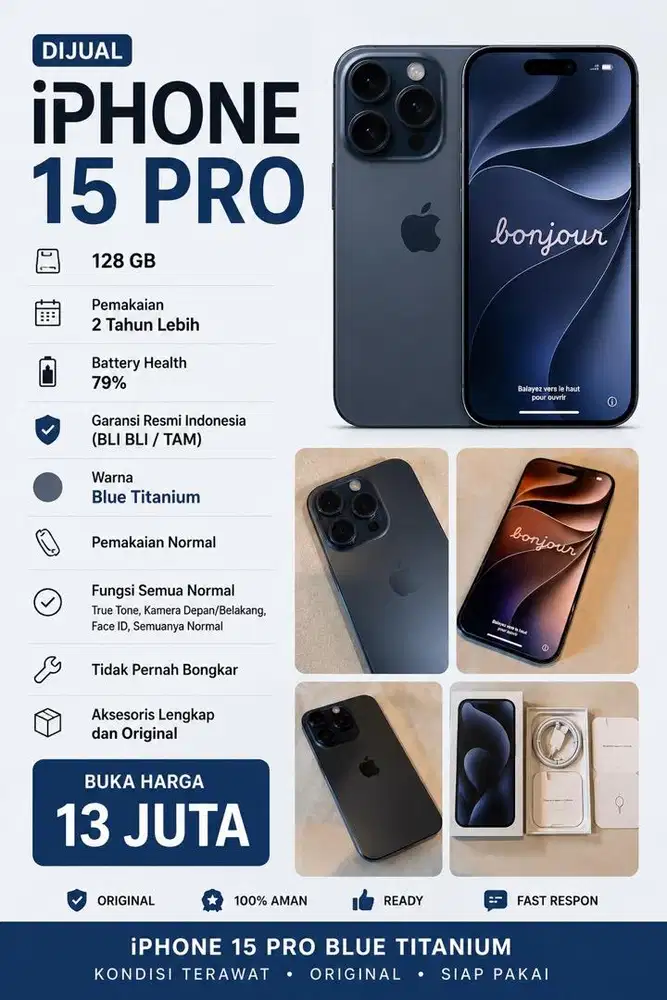iPhone 15 Pro 128GB Blue Titanium Fullset Original TAM BH 98%