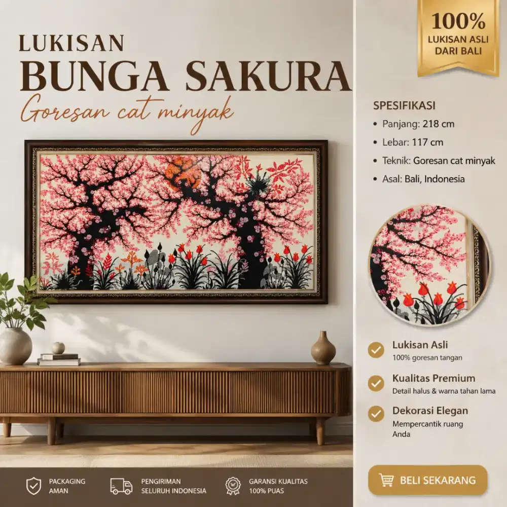 Lukisan Cat Minyak Bunga Sakura Jumbo 218x117 cm Asli Bali + Bingkai