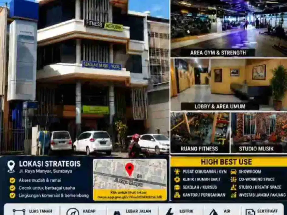 Gedung Komersial Premium Jl. Raya Manyar LT 842 M² Cocok Gym