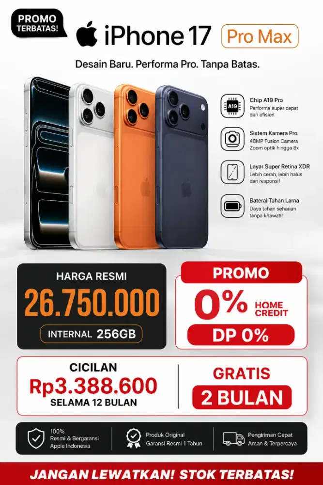 IPHONE 17 PRO MAX 256GB BARANG BARU BERGARANSI RESMI IBOX DP