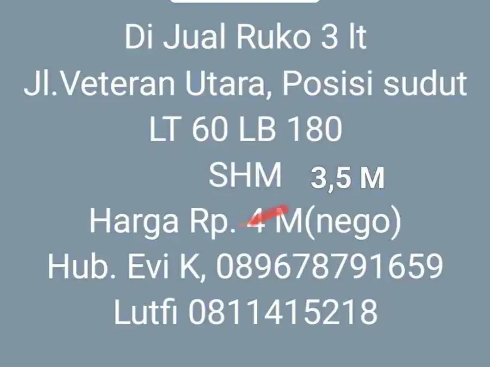 Di Jual Ruko 3 lt posisi sudut, Jl. Veteran Utara, Mks