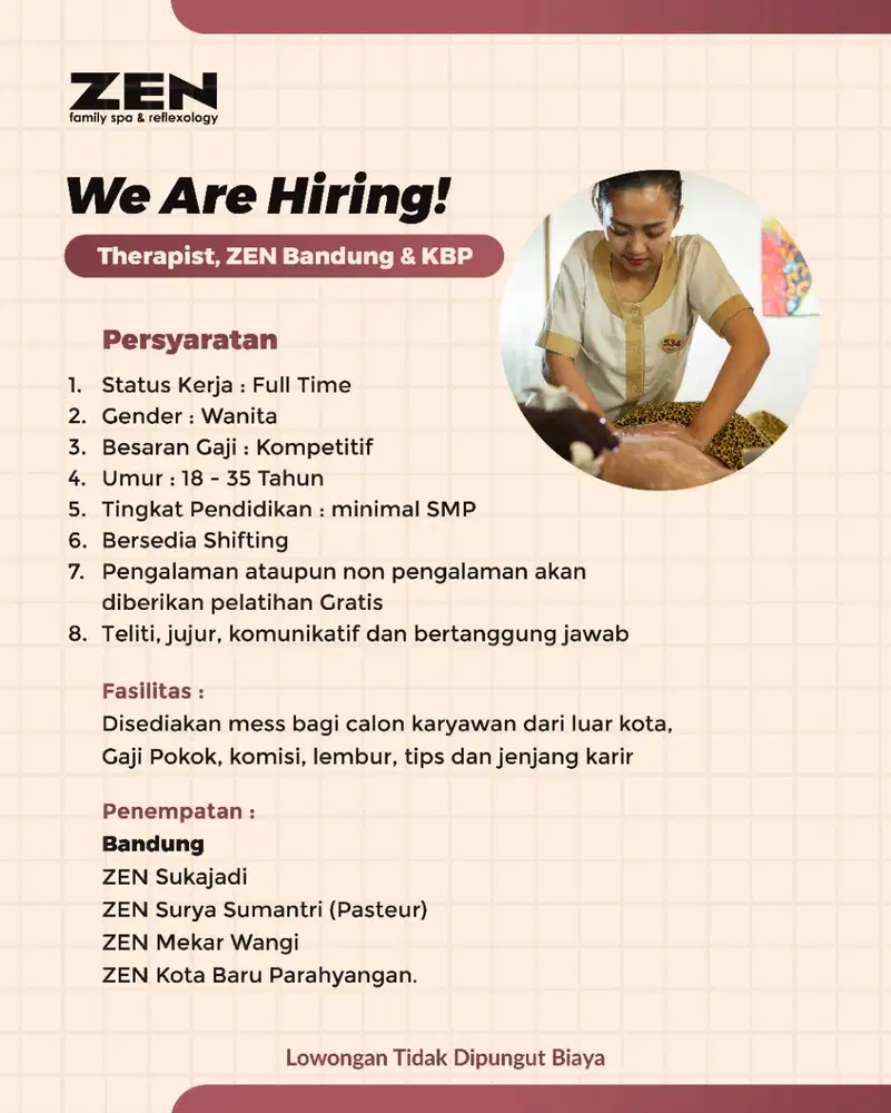 Loker Terapis Reflexy dan massage ZEN Family Spa