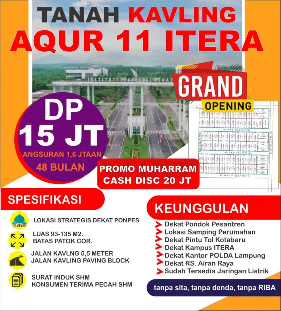TANAH KAVLING KAMPUS ITERA DP MURAH COCOK BUAT RUMAH HUNIAN