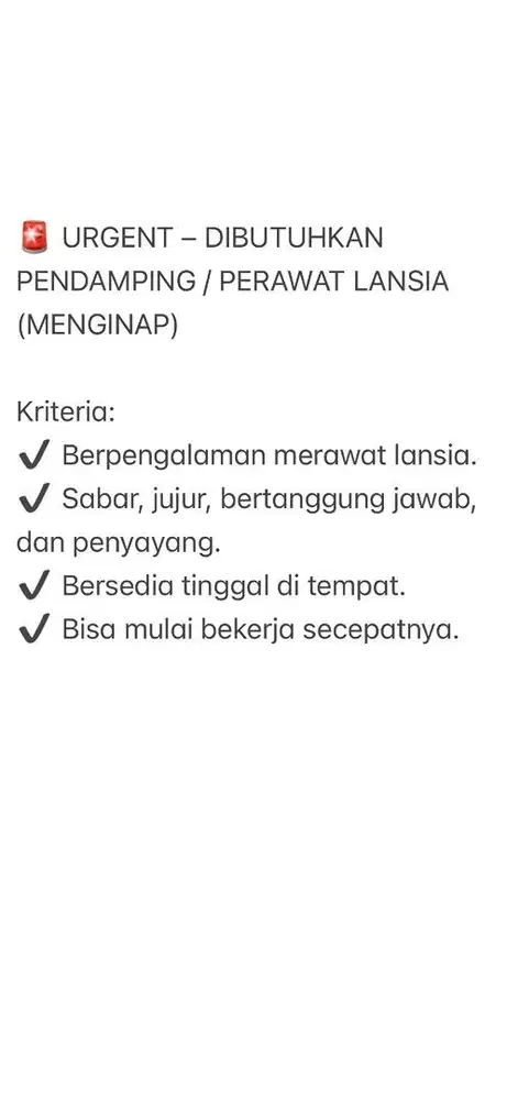 DIBUTUHKAN PENDAMPING / PERAWAT LANSIA (MENGINAP)