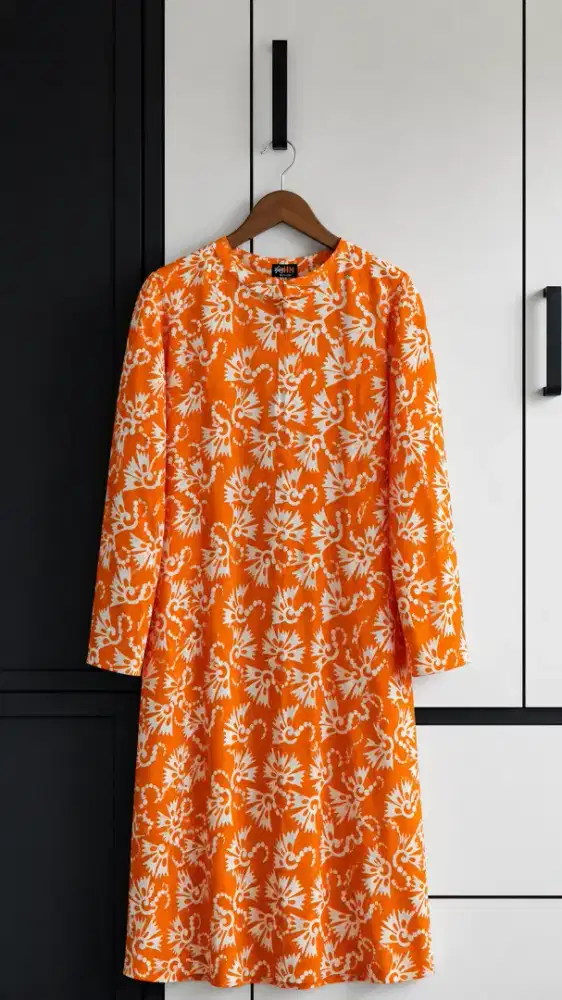Dress Wanita Motif Floral Orange Putih