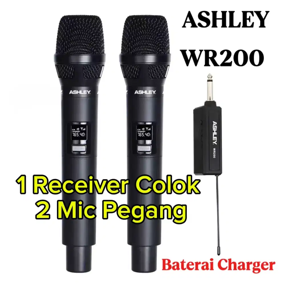 Mic Wireless ASHLEY WR200 Receiver Colok Lansung Dua Mic Pegang Batre