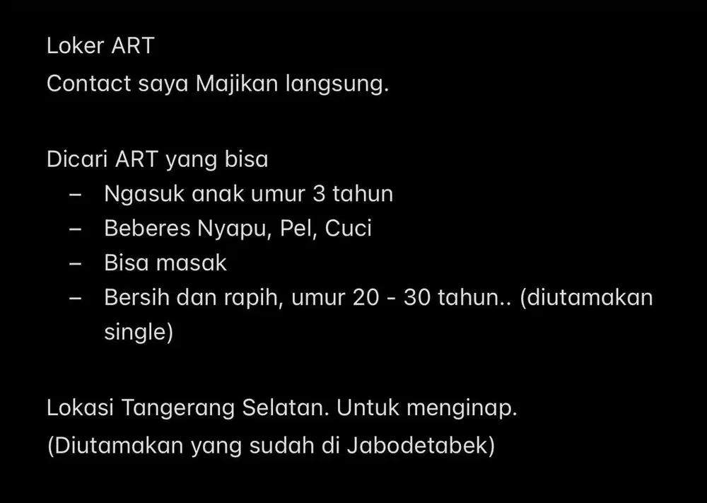 Loker ART di Ciputat/Bintaro Tangsel