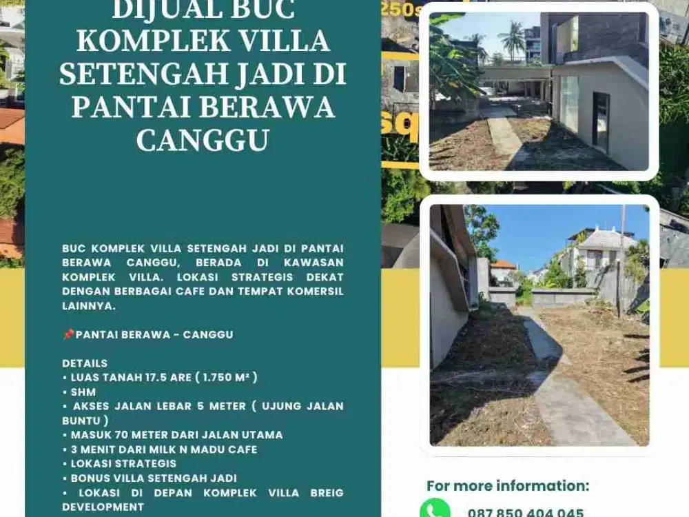 BUC Komplek villa setengah jadi di pantai Berawa Canggu, berada di kawasan komplek villa. Lokasi strategis dekat dengan berbagai cafe dan tempat komersil lainnya.