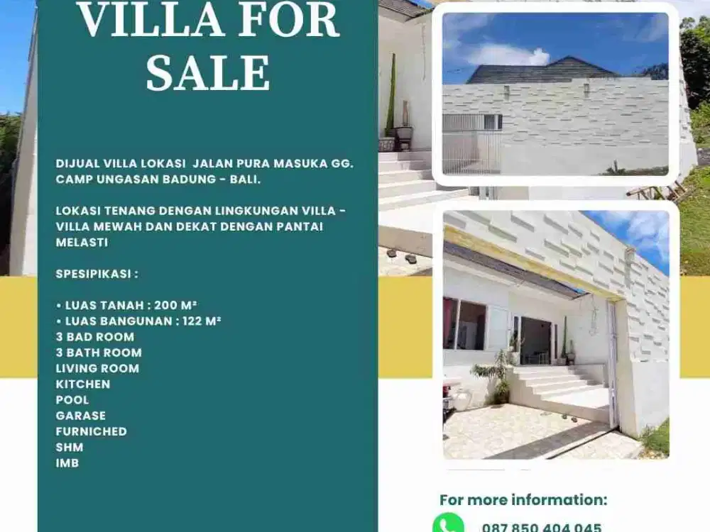 Dijual villa lokasi  Jalan Pura Masuka Gg. Camp Ungasan Badung - Bali.

Lokasi tenang dengan lingkungan villa - villa mewah dan dekat dengan Pantai Melasti