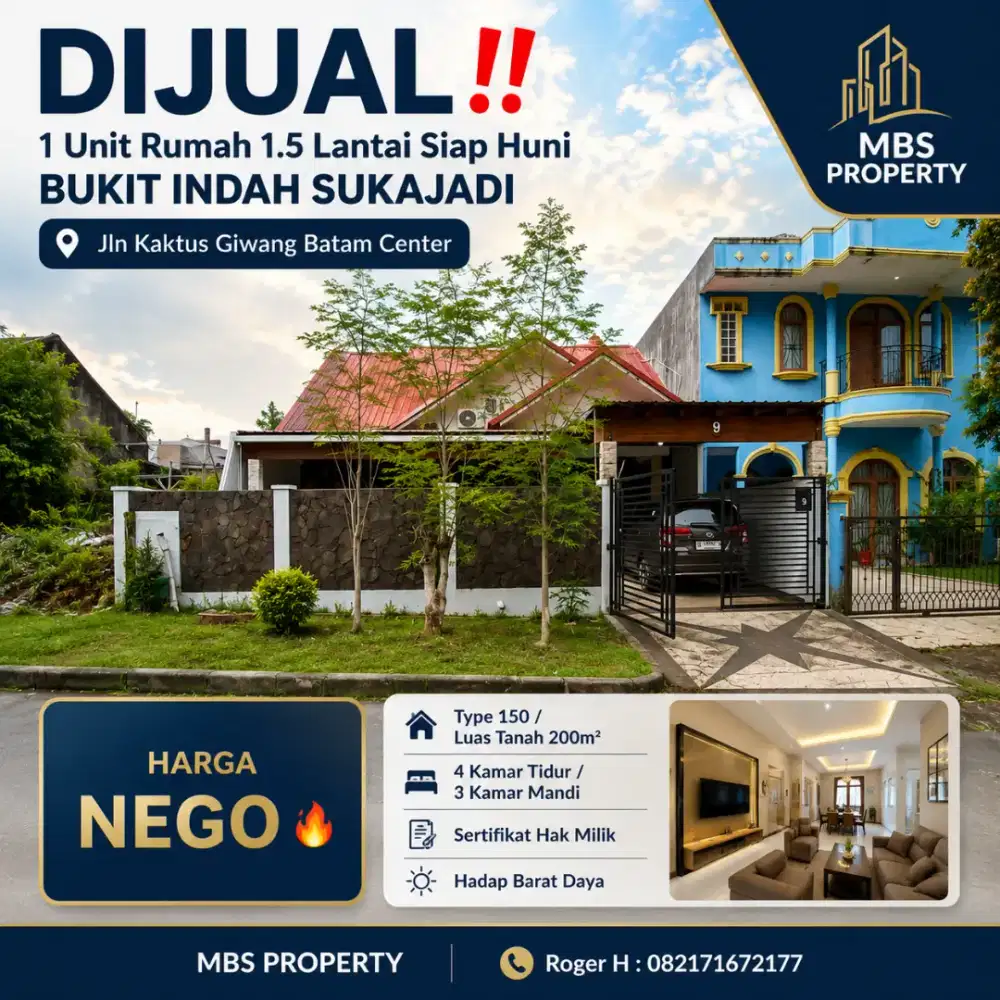 Rumah 1.5 Lantai BUKIT INDAH SUKAJADI Jln Kaktus Giwang Batam Center
