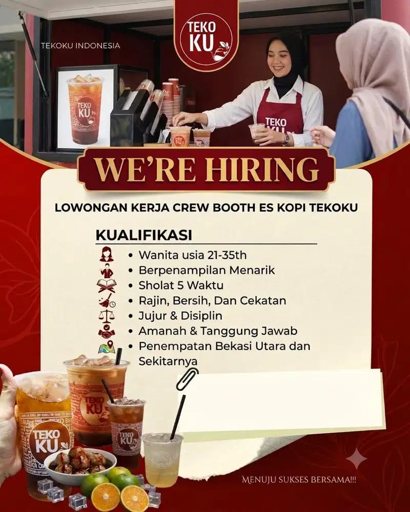 DIBUTUHKAN CREW BOOTH ES KOPI TEKOKU BEKASI UTARA DAN SEKITARNYA