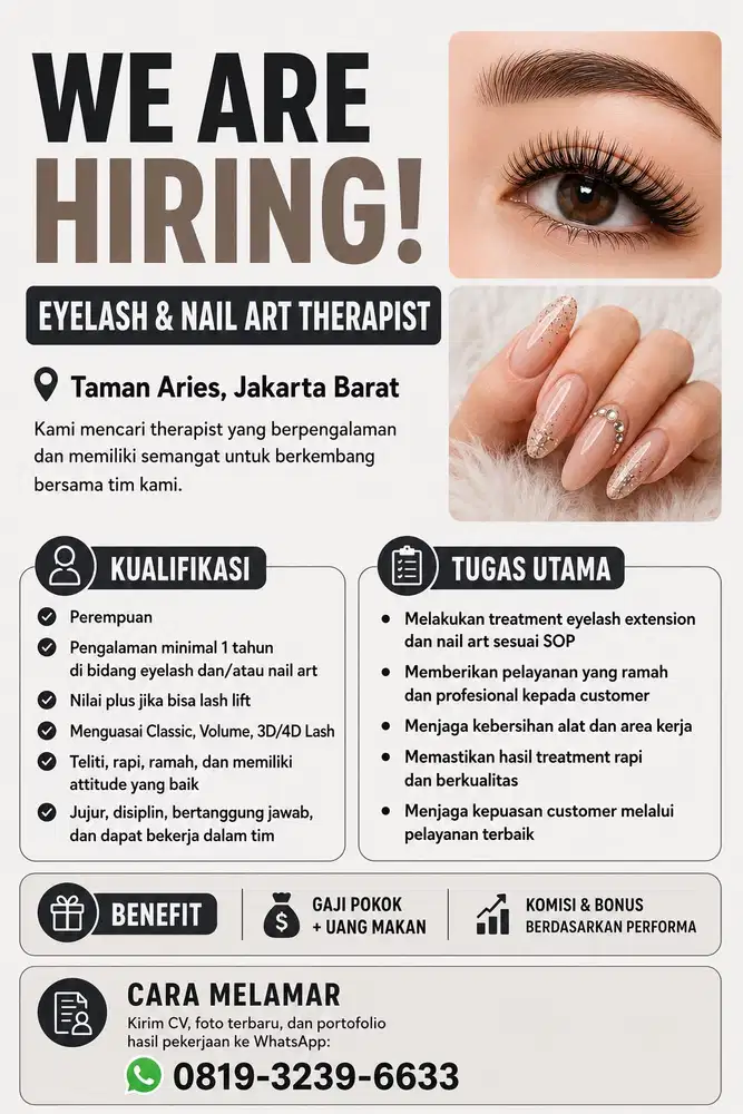 BUTUH EYELASH & NAIL ART THERAPIST BERPENGALAMAN