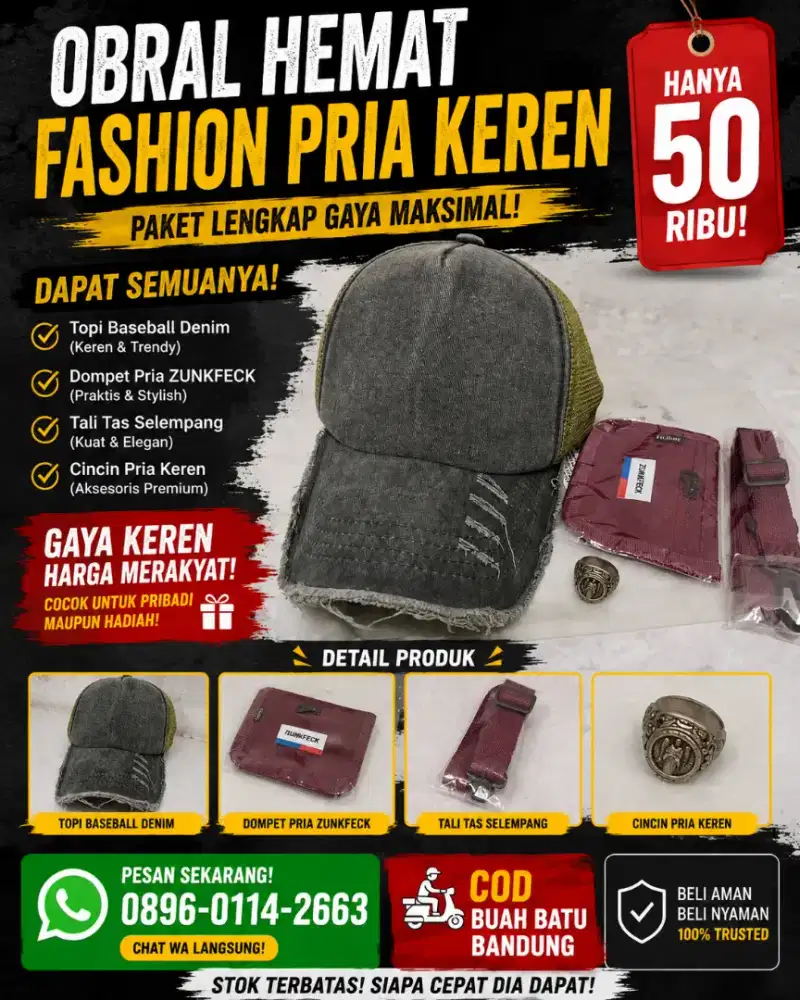 Promo Borong Aksesoris Pria Topi Sako Wallet Cincin Scena Keren Modis