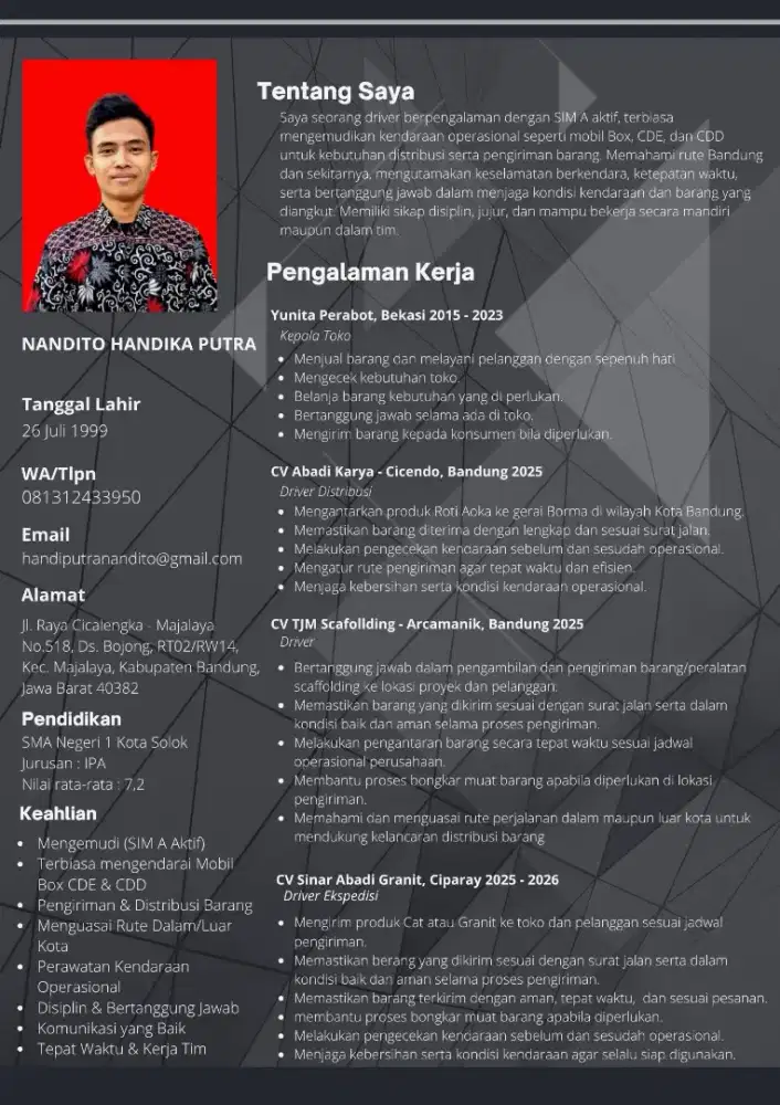 Cari Kerja Sebagai Driver Gudang / Pengiriman / Operasional