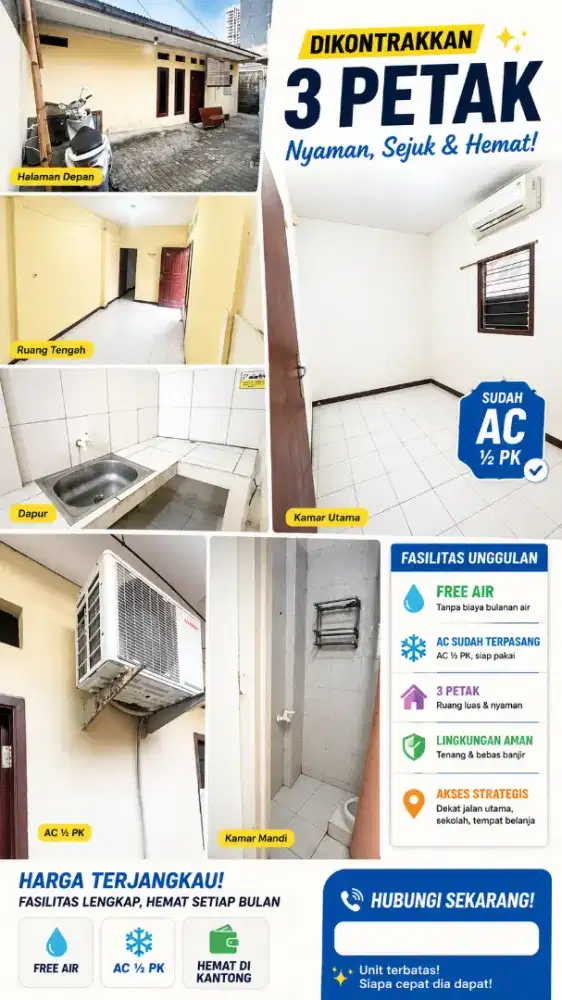 Disewakan Kontrakan 3 Petak, AC & Air FREE, Harga Terjangkau