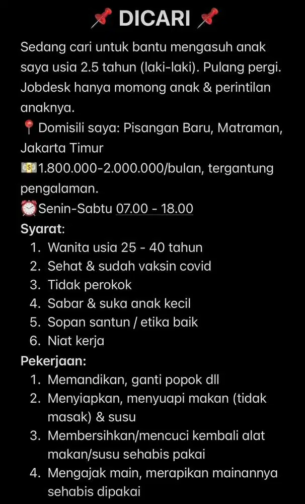 DICARI ART MOMONG ANAK 2.5 TAHUN - PULANGPERGI - PISANGAN BARU JAKARTA