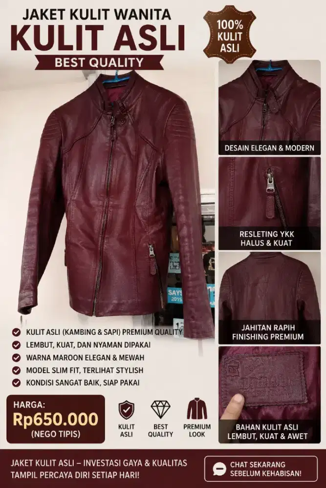 Judul: Jaket Kulit Asli Wanita Maroon Premium Best Quality Size S