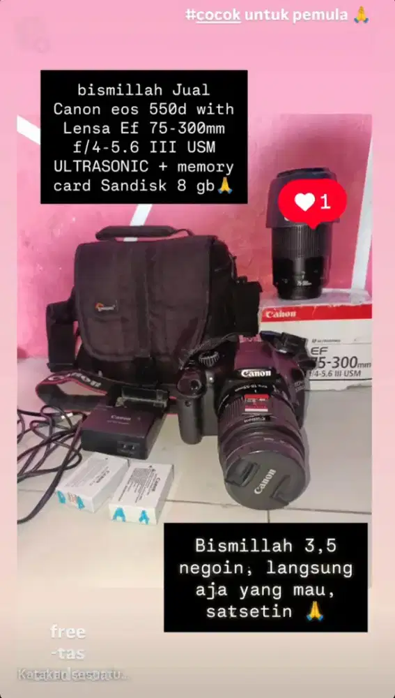 Jual Canon eos 550d + Lensa Ef 75-300 mm f/4-5.6 III USM ULTRASONIC