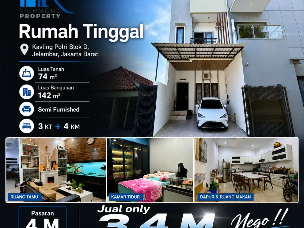 Dijual Rumah Kavling Polri Jelambar 3 Lantai — Harga 3,4 M Nego, di Bawah Pasaran Nego!