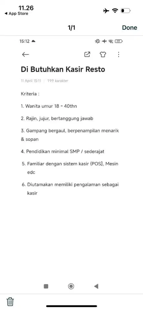 Di butuhkan kasir, butcher & Helper Resto