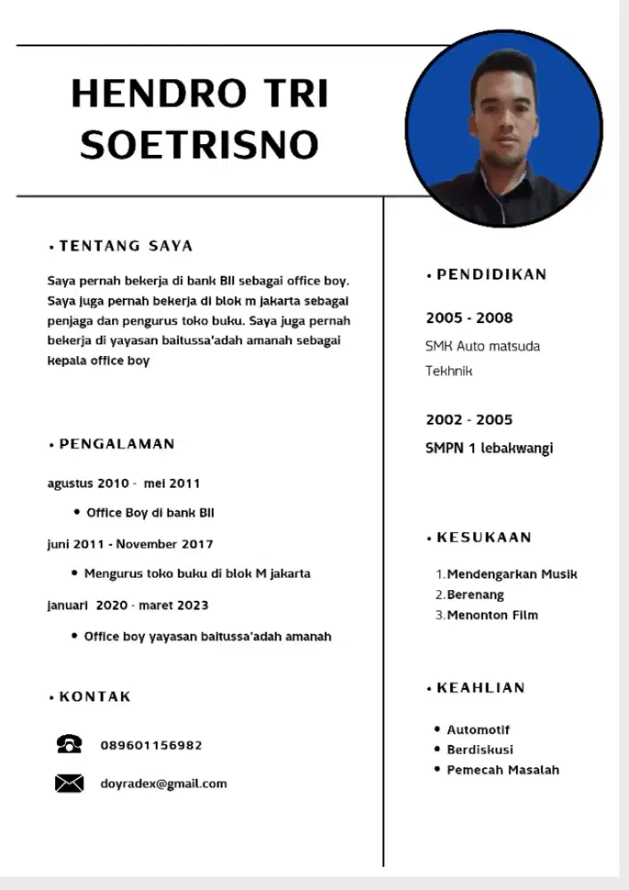 Saya atas nama Hendro usia 35 th pengalaman kerja. Ob . Spg. Kurir .