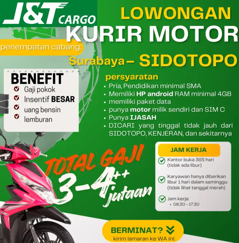 Lowongan kerja KURIR MOTOR JNT CARGO wilayah sidotopo kenjeran