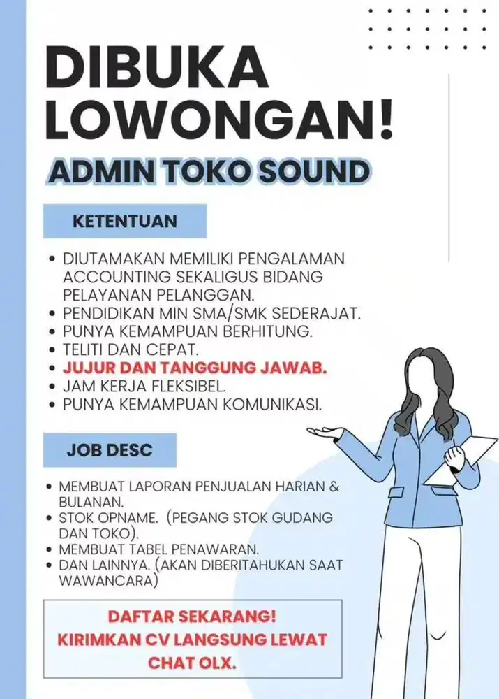 DIBUTUHKAN SEGERA ADMIN / KASIR TOKO SOUND SYSTEM