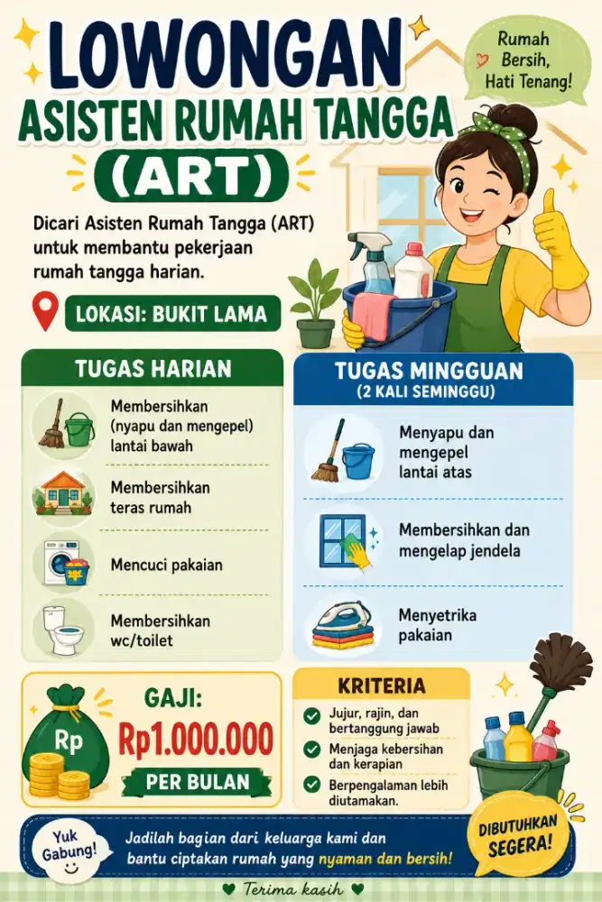 DIBUTUHKAN ASISTEN RUMAH TANGGA