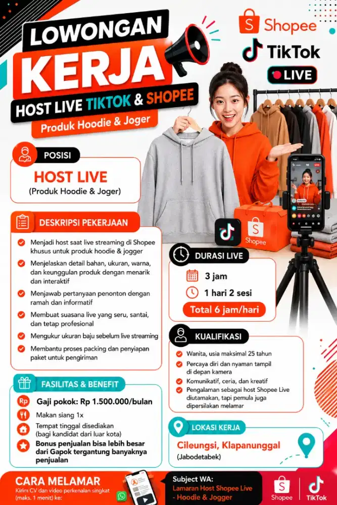 Dibutuhkan Host Live Tiktok dan Shopee - Gaji pokok + Komisi