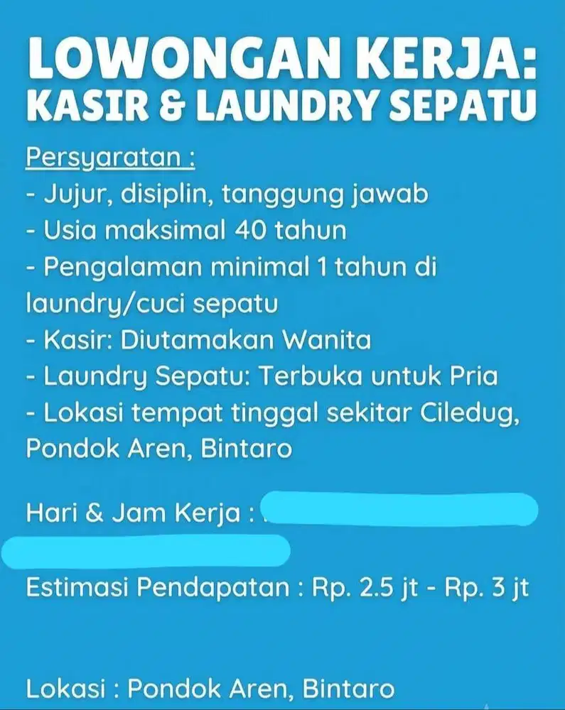 LOWONGAN KASIR LAUNDRY WANITA & LAUNDRY SEPATU PRIA BINTARO