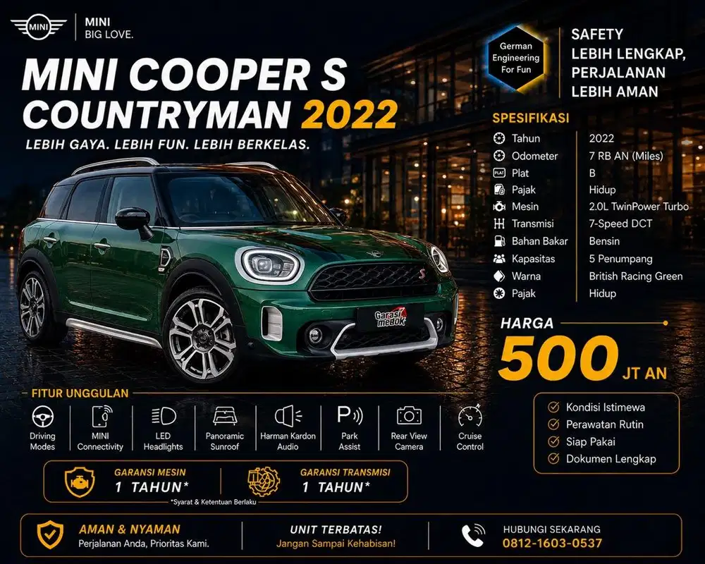 Mini Cooper S Countryman 2022 Antik Low KM Murah Bekas Genap Hijau