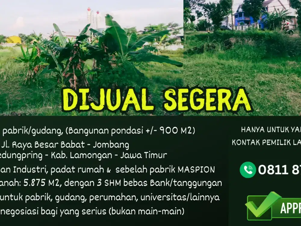 TANAH BEKAS PABRIK/GUDANG DAERAH INDUSTRI – KALEN – KAB. LAMONGAN.