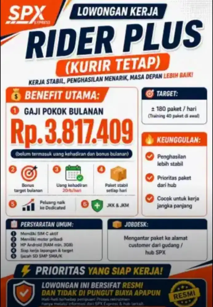 LOKER KURIR DELIVERY (LM) MOTOR SPX EXPRESS JAKARTA!!