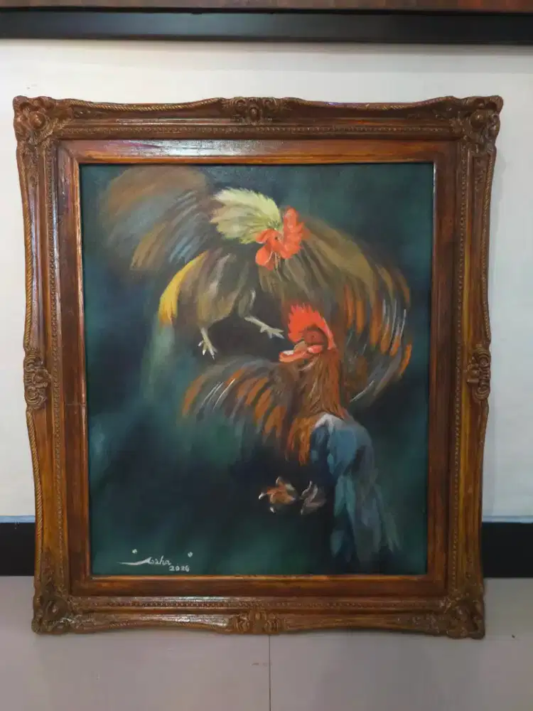Lukisan kanvas ayam bertarung berbingkai klasik