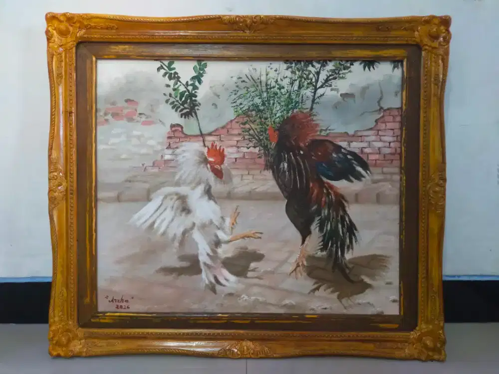 Lukisan kanvas ayam tarung bingkai klasik