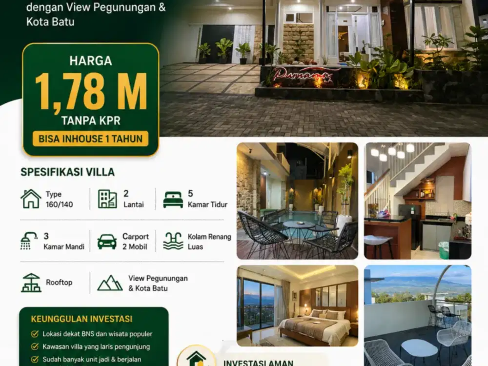 Villa Modern Dekat BNS Batu 5 Kamar Kolam Renang Rooftop View Gunung Batu, Batu Kota, Jawa Timur