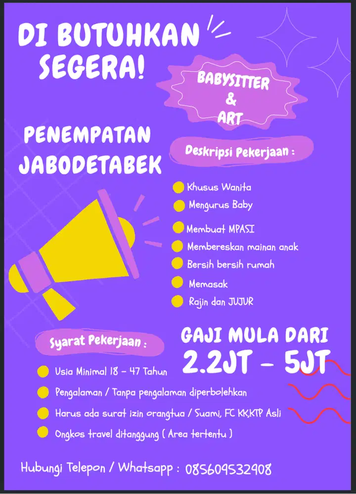 LOWONGAN KERJA UNTUK BABYSITTER DAN ART MENGINAP